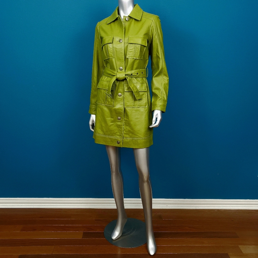 🆕️🌿🍀 MUUBAA Green Utility Tie Waist Leather Coat // (GENUINE LEATHER) //(NWT) - Picture 4 of 12